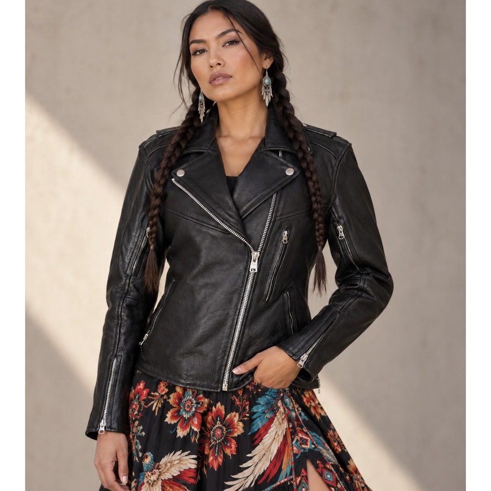 River Road Women's Small Black Cowhide Leather Motorcycle Moto Biker Jacket